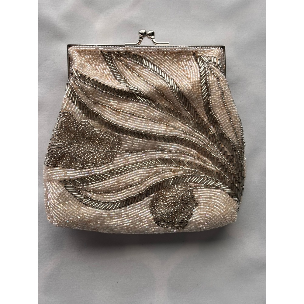 Andre Cellini Beaded Evening Clutch Bag Silver Cream Leaf Kiss Lock Crossbody